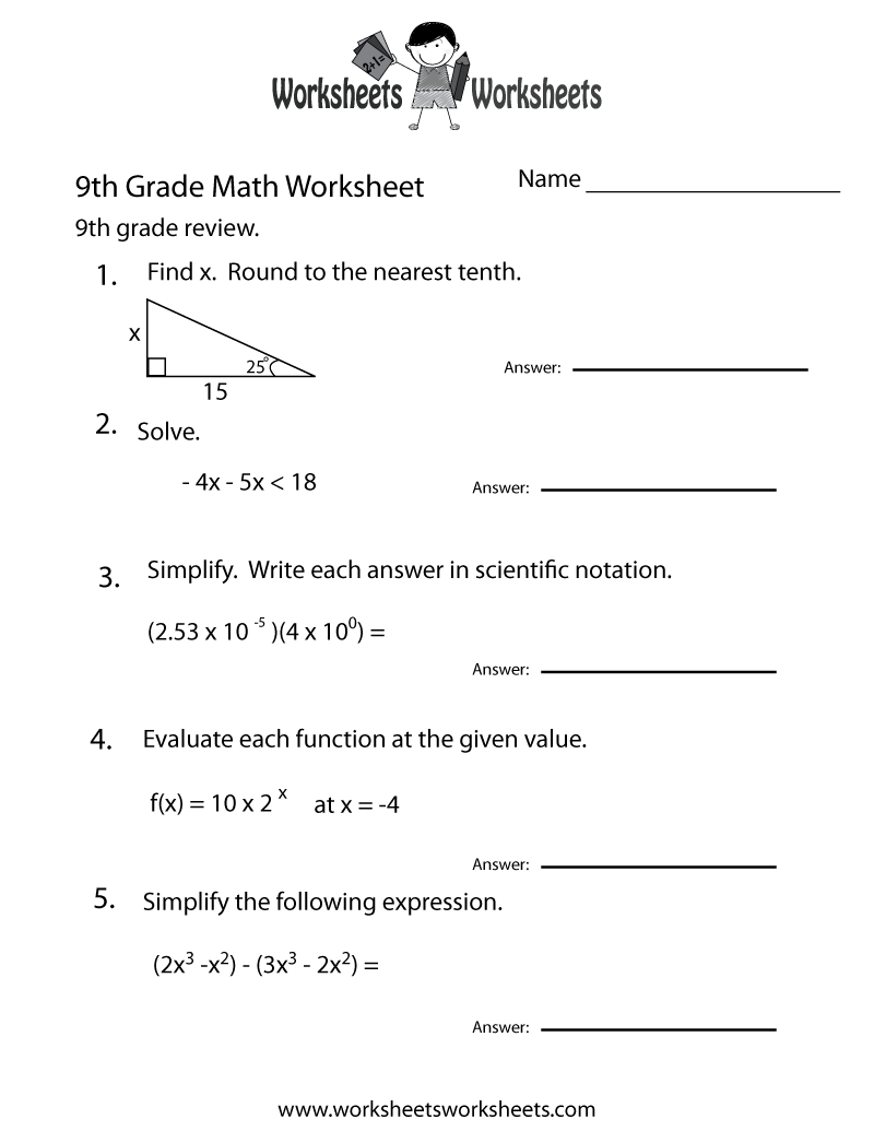 9th Grade Math Review Worksheet - Free Printable Educational Worksheet