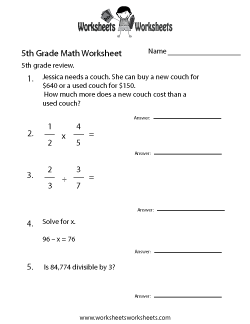 math homework sheets 5th grade