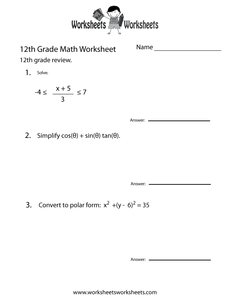 12th Grade Math Worksheets & Printables