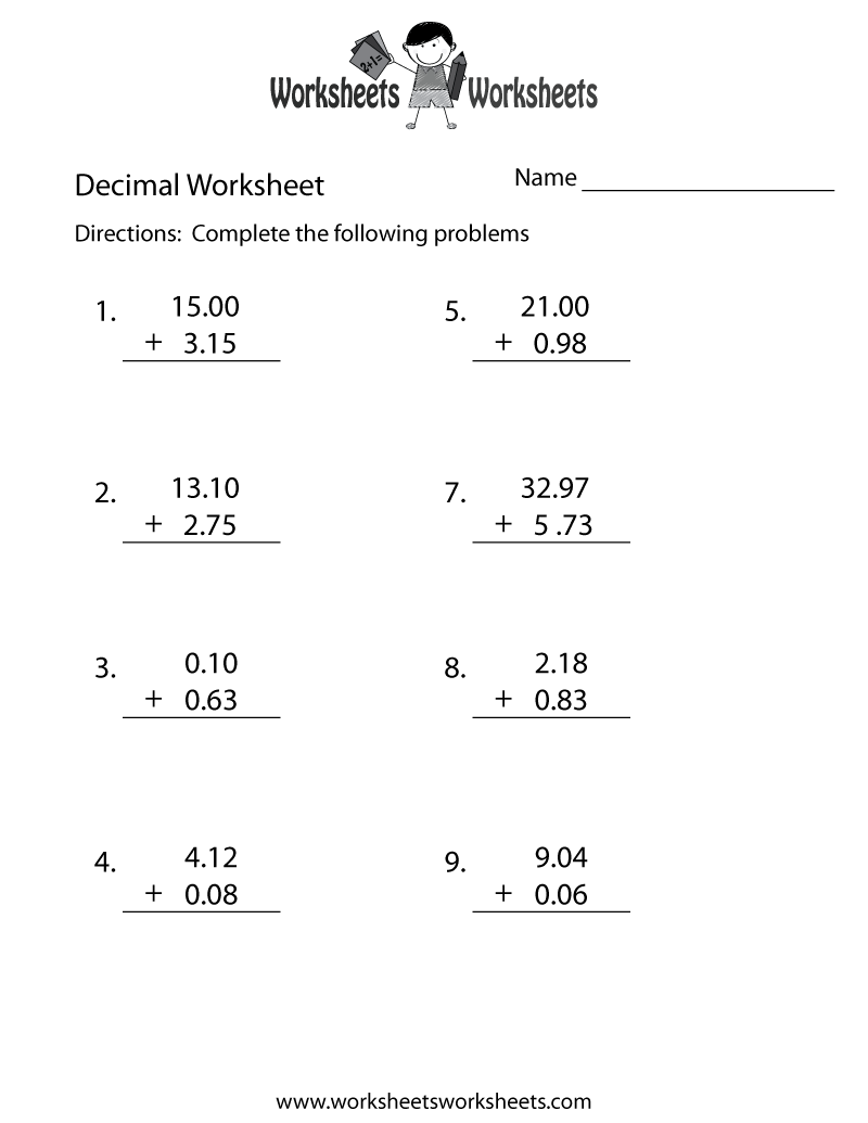 Decimal Addition Worksheet - Free Printable Educational Worksheet