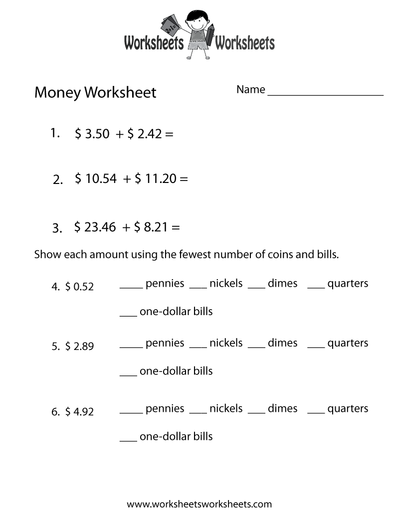 Free Printable Adding Money Worksheet